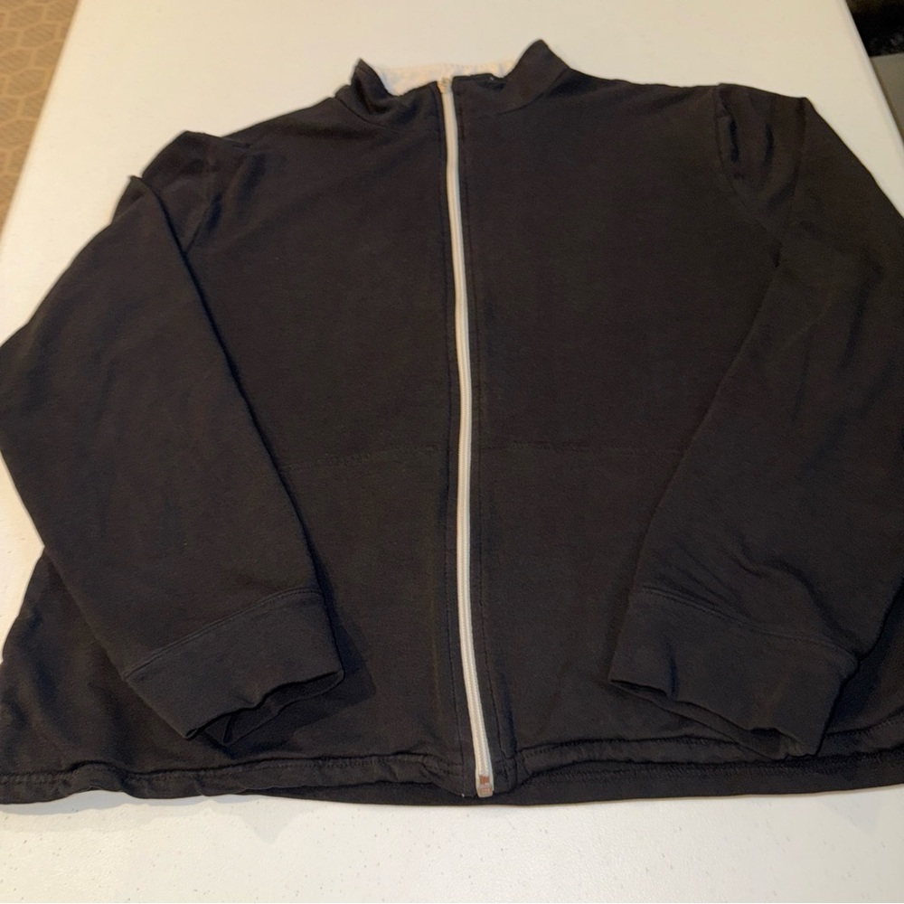 Talbots Womens XL Black Full Zip Mock Neck Sweatshirt White Contrast‎ Pockets